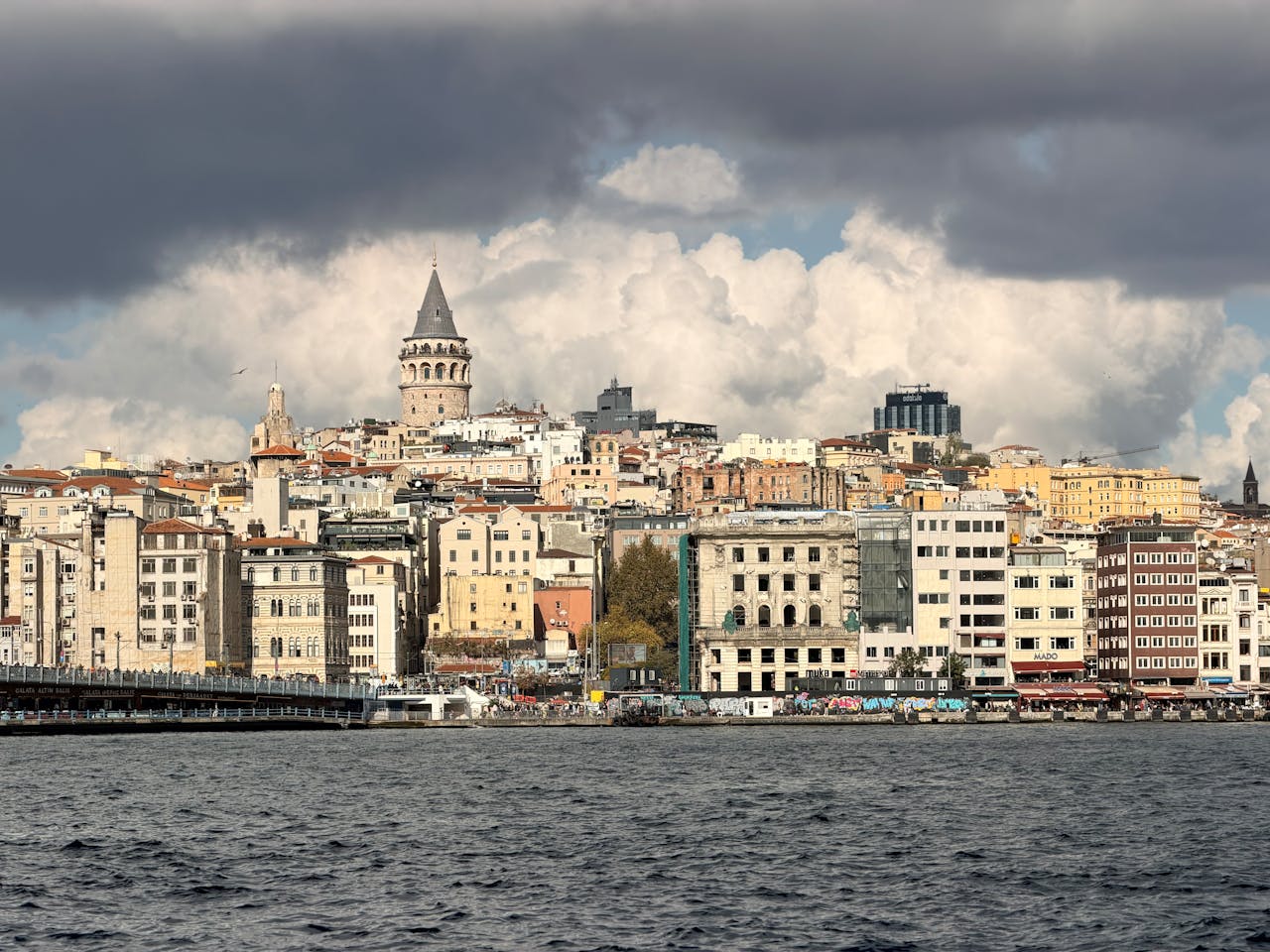who-we-are Panoramic view of Istanbul's Galata Tower with cloudy sky from the waterfront.